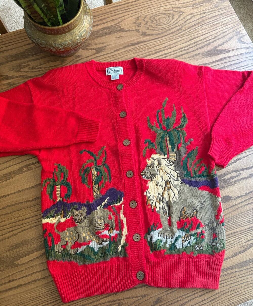 Rare Vintage Sweater P Galli Designs Safari Lion Sweater Cotton Ramie Size S